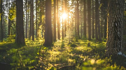 Obraz premium green pine forest with sunlight background,generative ai