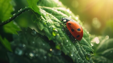 Obraz premium A mystical ladybug with glowing spots and sunlight filtering through