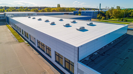 A large building with a white roof and a large sun in the sky. The sun is setting and the sky is filled with clouds