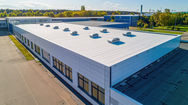 A large building with a white roof and a large sun in the sky. The sun is setting and the sky is filled with clouds