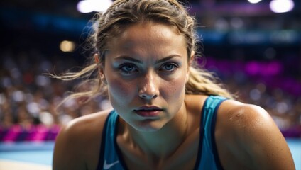 Fototapeta premium Intense focus player s determined eyes during serve at summer olympic games, sports concept.