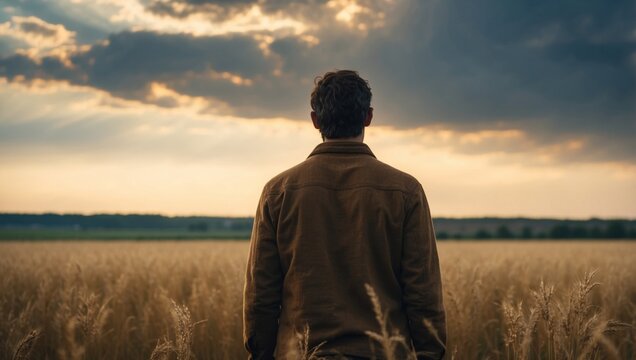 Back view of a man standing in the middle of the field and looking at the sky.