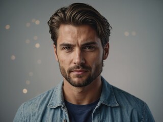 Handsome man with bottle of shampoo on light background.