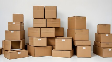 Fototapeta premium Stacks of Brown Cardboard Boxes in a Brightly Lit Storage Room During Midday