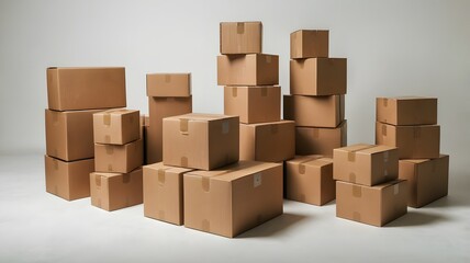 Fototapeta premium Stacks of Brown Cardboard Boxes in a Brightly Lit Storage Room During Midday