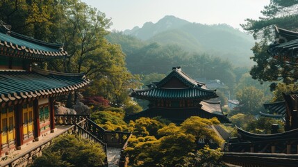 Fototapeta premium A serene view of a Korean temple with intricate architecture, surrounded by lush greenery and peaceful scenery