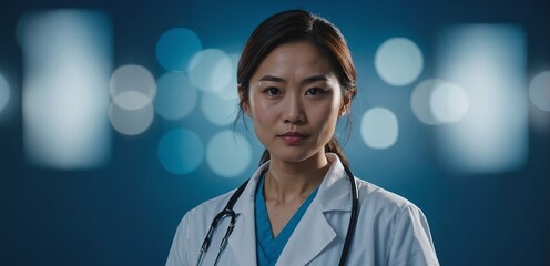 image of asian female doctor posing on blue background.