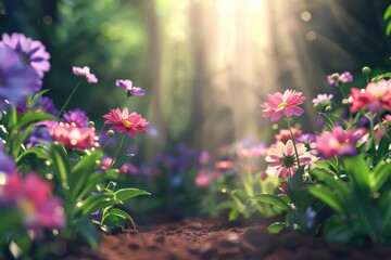 Obraz premium A whimsical flower garden where flowers float gently above the ground and sunlight filters through