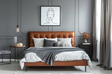 Minimalist Bedroom with Brown Leather Bed, Gray Walls, Black Accent Furniture, and a White-Framed Single Line Drawing of a Woman on the Wall