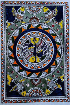 Hand-drawn Madhubani art using fish motifs, A traditional craft from Madhubani, Bihar.