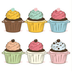 Three rows colorful cupcakes different flavors decorated sprinkles chocolate balls. Assorted cupcakes, pastel colors, dessert illustration perfect bakery menu recipe book. Handdrawn sweet treats