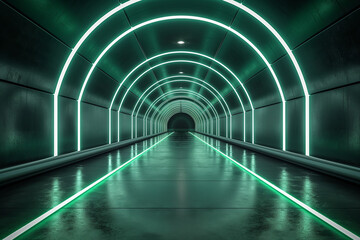 Green hallway Neon light fluorescent glow hallway abstract.