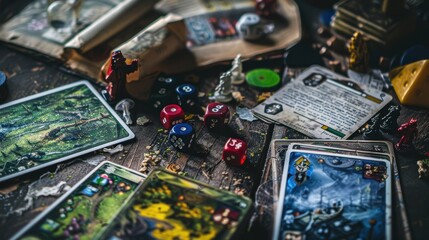 A strategic tabletop game set-up with dice, cards, and miniatures, ready for a session of epic battles