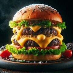Delicious Cheesy Tri Beef Burger Food Photography with Sizzling Vibe