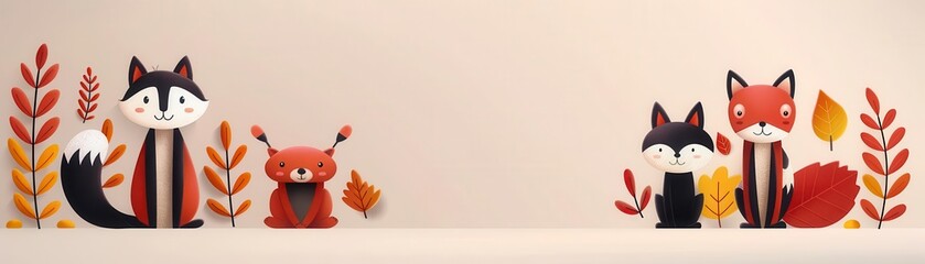 Seasonal forest, autumn foliage, woodland creatures, flat design illustration
