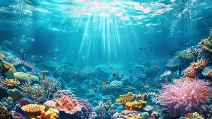 Underwater Coral Reef with Sunbeams and Colorful Fish