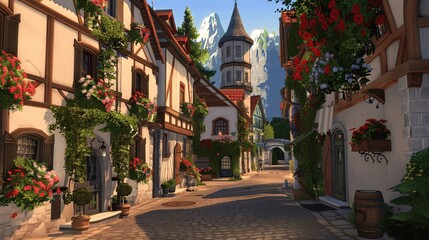 Picturesque European Village Street with Mountain View