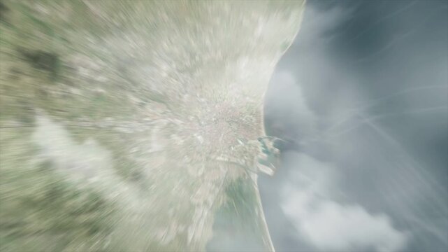 Earth zoom from space on Bilbao - Spain. And zoom out through clouds and atmosphere into space. Satellite view.