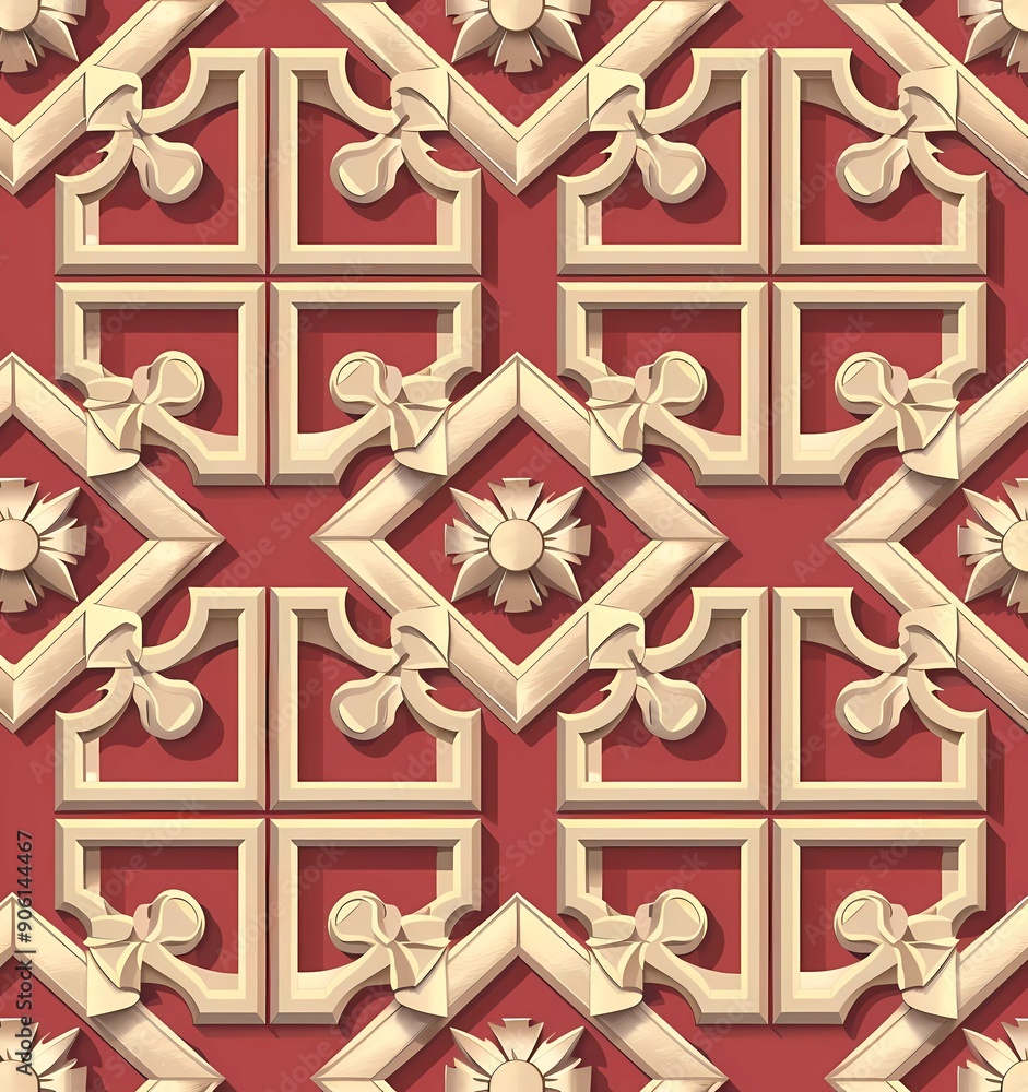 Poster a seamless pattern with paper-cut design of geometric patterns, the background is in muted red and c