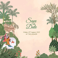 Mughal Wedding Invitation Card square shape. Invitation card for various wedding functions vector illustration.