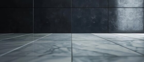 Closeup of a solid black wall meeting a glossy, white tile floor, highlighting a dramatic and chic design