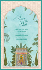 Decorative frame with a garden scene Mughal wedding invitation card design, featuring plants, an Indian-style gazebo, tropical trees, a peacock, and watercolor background   