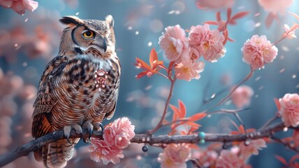 Photorealistic owl with feathered cape and jeweled necklace on a flower-adorned branch.