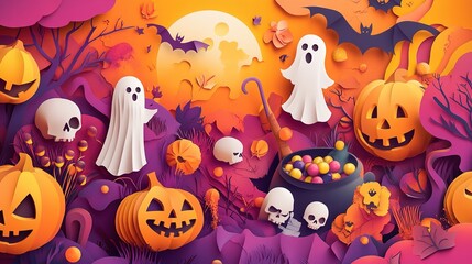 Happy Halloween banner or party invitation background with clouds, bats and pumpkins. Vector illustration. sky, spiders web.illustration.