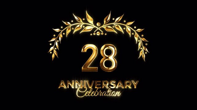 28th Anniversary Celebration. Happy 28 Years Anniversary Animation in Gold Color on the Transparent Background, Alpha Channel. Great for greetings, celebrations, events, and gifts.