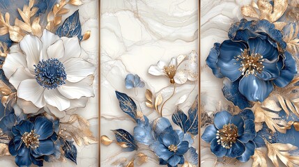 Decorative Floral Triptych with Blue and Gold Flowers - Perfect for Elegant Interior Design