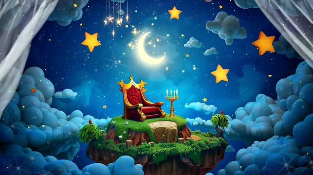 A magical night sky with a floating island, a throne, a crescent moon and stars. Seamless loop video background