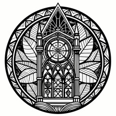 A black and white drawing of a building with a clock on it