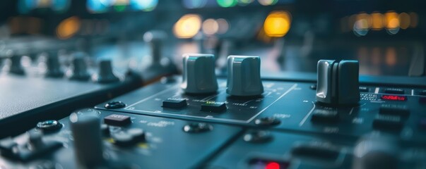 Close-up of control knobs on a professional audio mixing console.