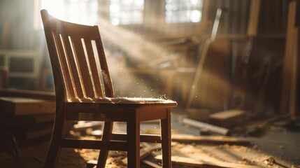 A wooden chair bathed in sunlight in a workshop setting.