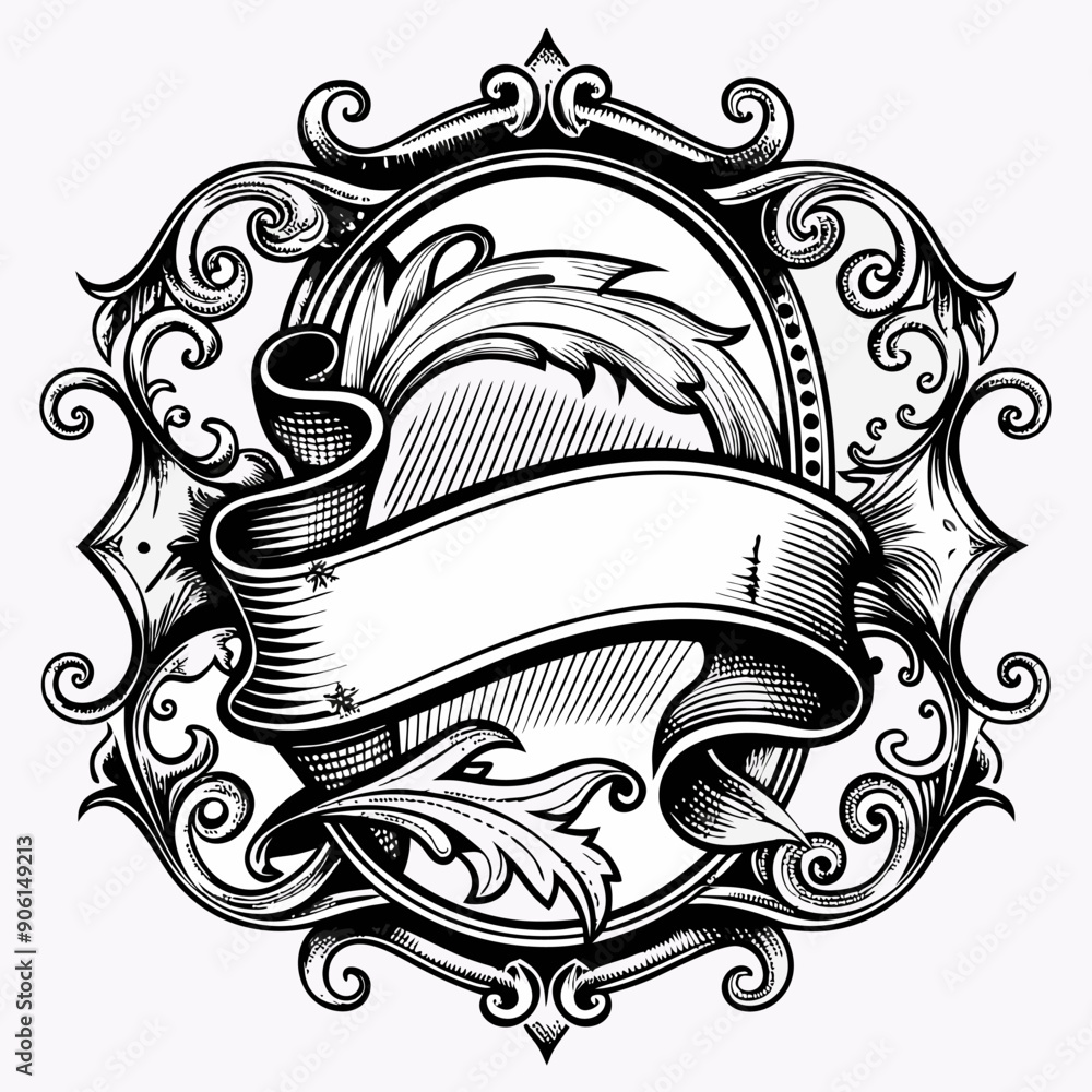 Poster a black and white drawing of a scroll with a ribbon on it