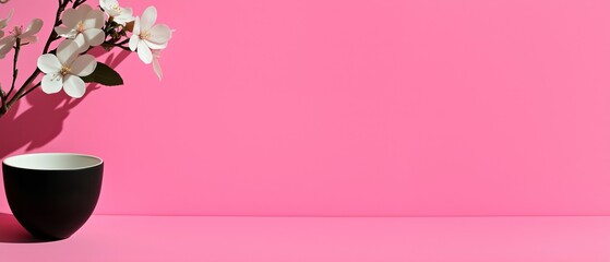 Fototapeta premium Minimalist Spring: White Flowers in a Black Vase on a Pink Background with Copy Space