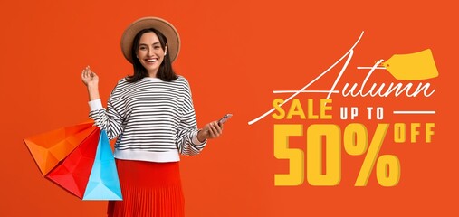 Banner for autumn sale with with young woman holding mobile phone and shopping bags