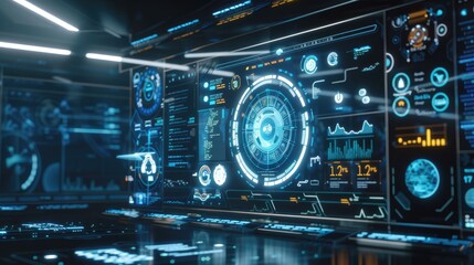 Obraz premium Floating holographic interfaces in a dark room