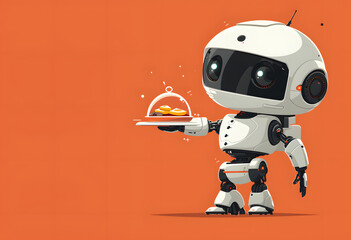 Fototapeta premium A futuristic illustration of a robot waiter holding a tray of delicious food under a cloche. The robot is designed with sleek, modern features and is set against a vibrant orange background.