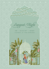 SMughal Wedding Invitation Card.  Mughal Sangeet night invitation card design for printing vector illustration.