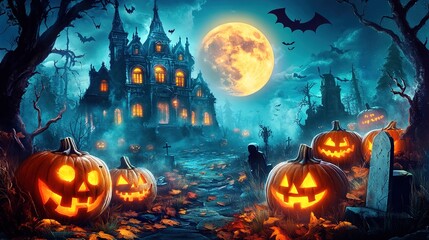 Fototapeta premium Happy Halloween banner or party invitation background with clouds, bats and pumpkins. Vector illustration. sky, spiders web.illustration.