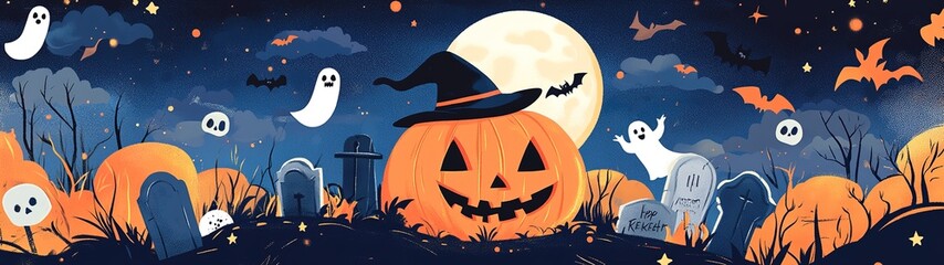 Fototapeta premium Happy Halloween banner or party invitation background with clouds, bats and pumpkins. Vector illustration. sky, spiders web.illustration.