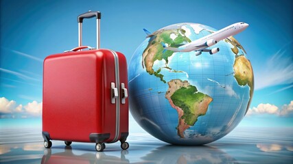 Red suitcase and airplane with planet earth globe in background, copy space. Travel around the world, holiday agency tourism adventure trip, map tour, business airline booking destination location