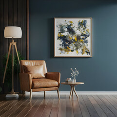 Interior of living room, Modern mid century and minimalist interior of living room ,leather armchair with table on white wall and wood floor ,3d render