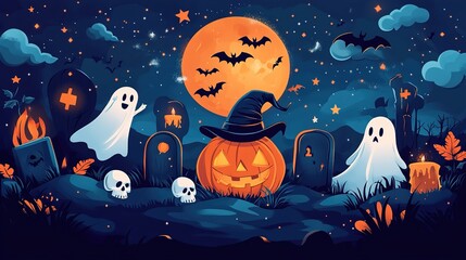 Happy Halloween banner or party invitation background with clouds, bats and pumpkins. Vector illustration. sky, spiders web.illustration.