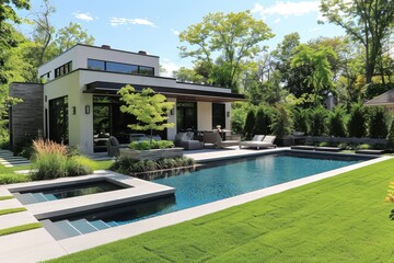 Sleek Modern Backyard in New AUGU NY with Large Pool, Lush Garden, and Gazebo, Featuring a Clean and Simple Design.