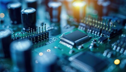 Fototapeta na wymiar Close-up of a circuit board with microchips and electronic components.