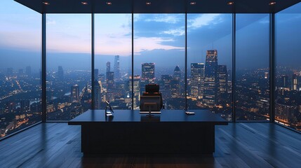 Minimalist office interior with a view of the city