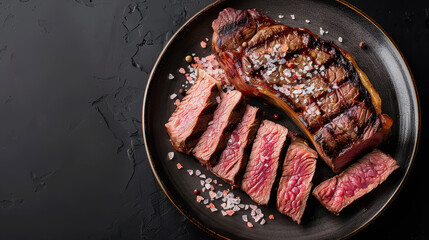 A plate of steak with salt and pepper on it. The steak is cut into slices and is sitting on a black plate