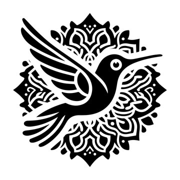 Mandala bird illustration with intricate black and white design